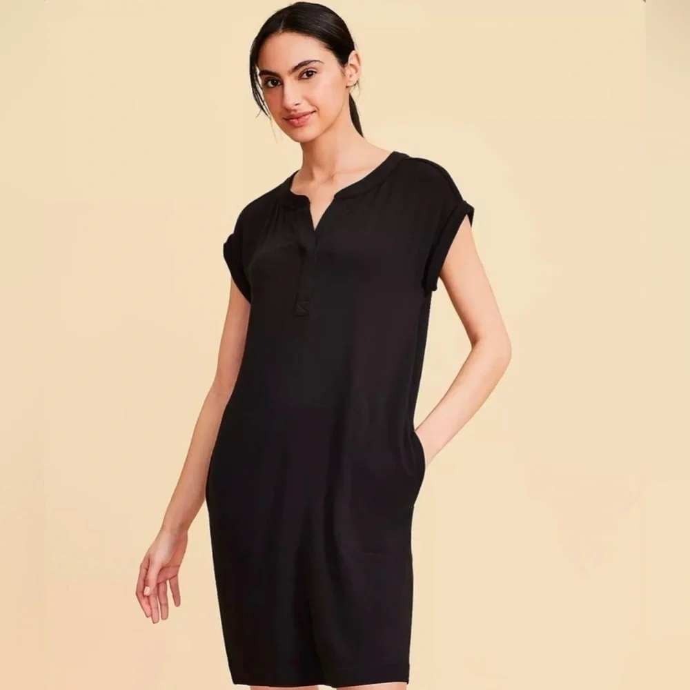 Lou & Grey Signaturesoft Black Short Sleeve Henley Shift Dress Pockets Small
